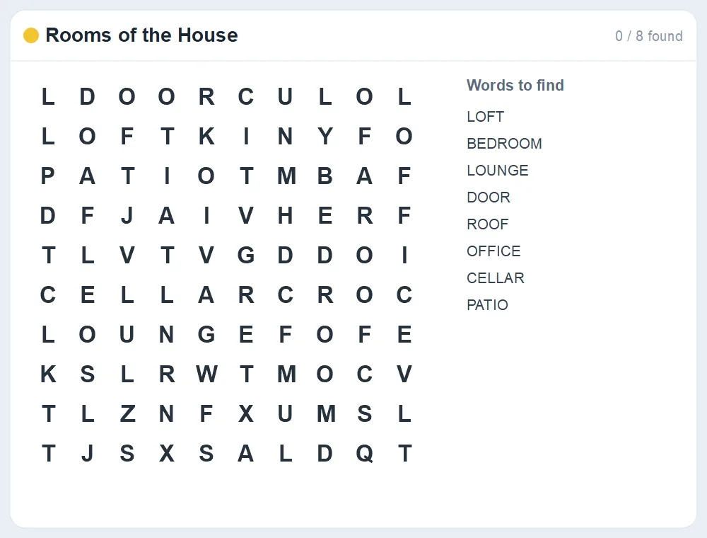 Preview of the Rooms of the House word search puzzle