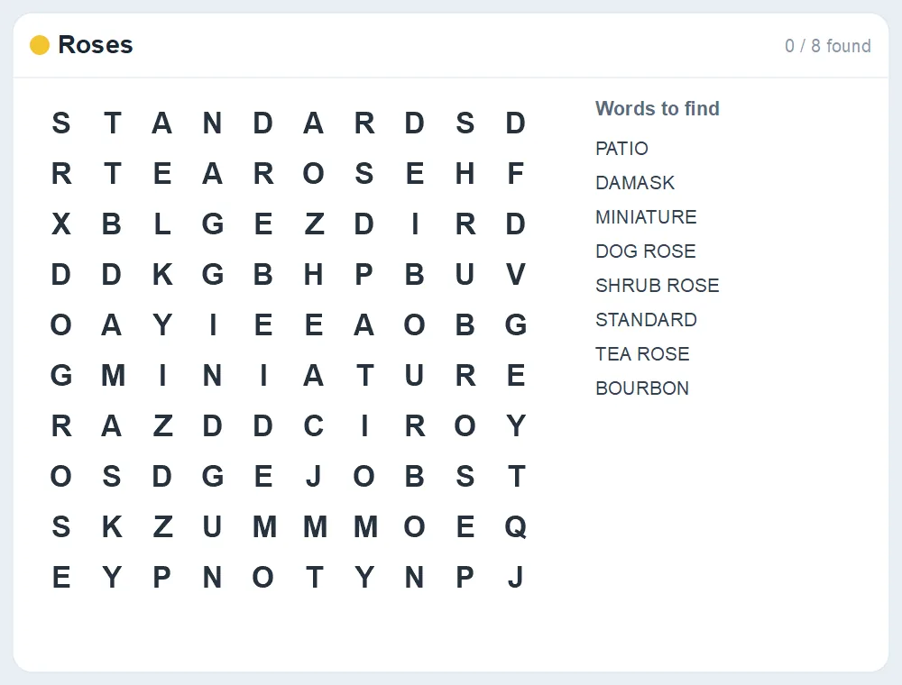 Preview of the Roses word search puzzle