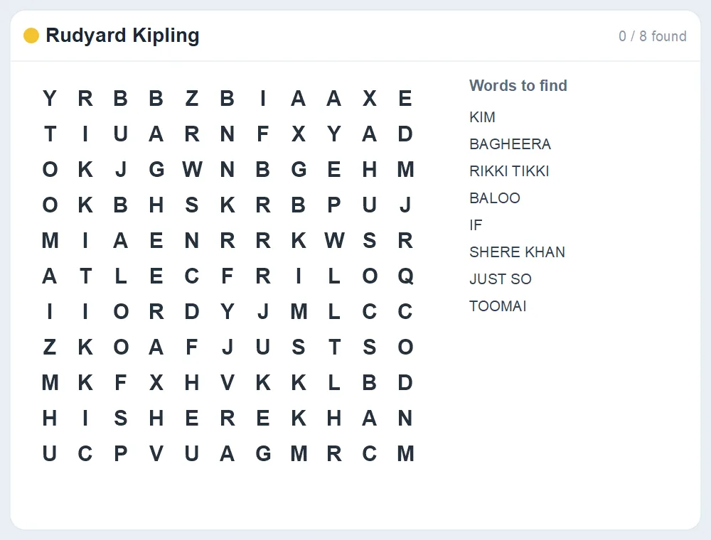 Preview of the Rudyard Kipling word search puzzle