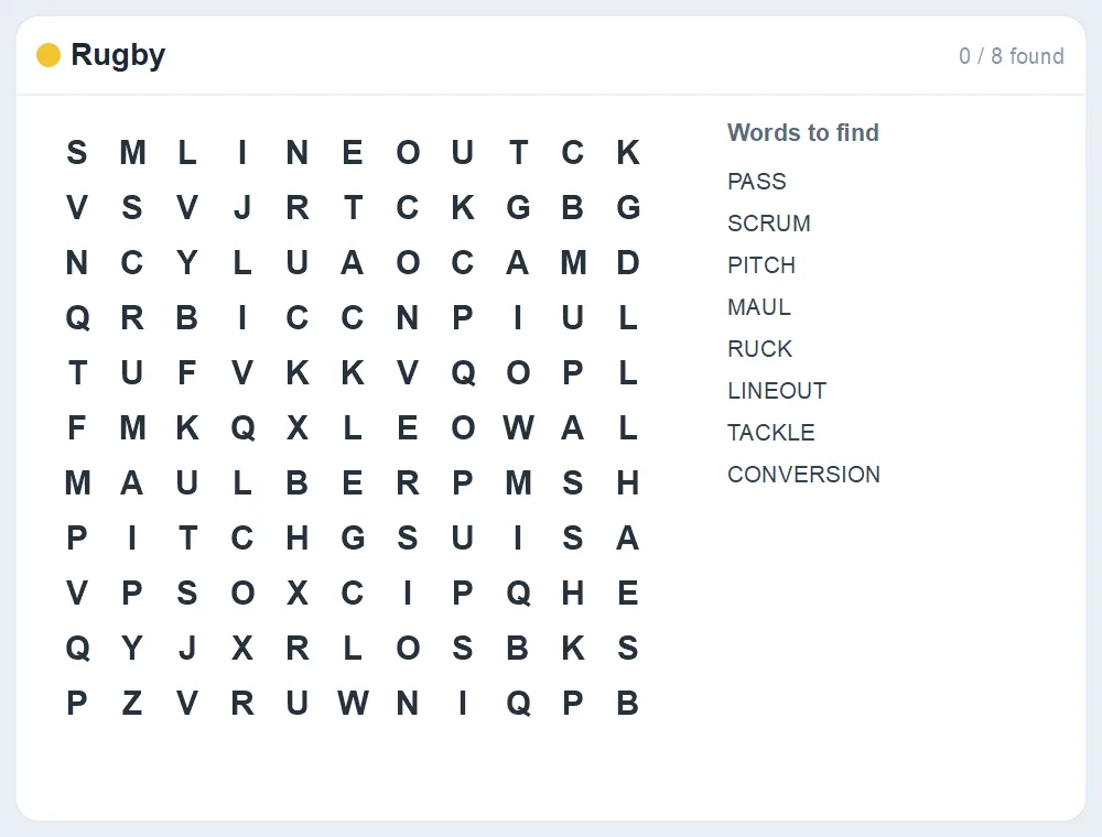 Preview of the Rugby word search puzzle