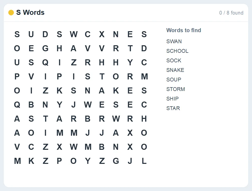 Preview of the S Words word search puzzle