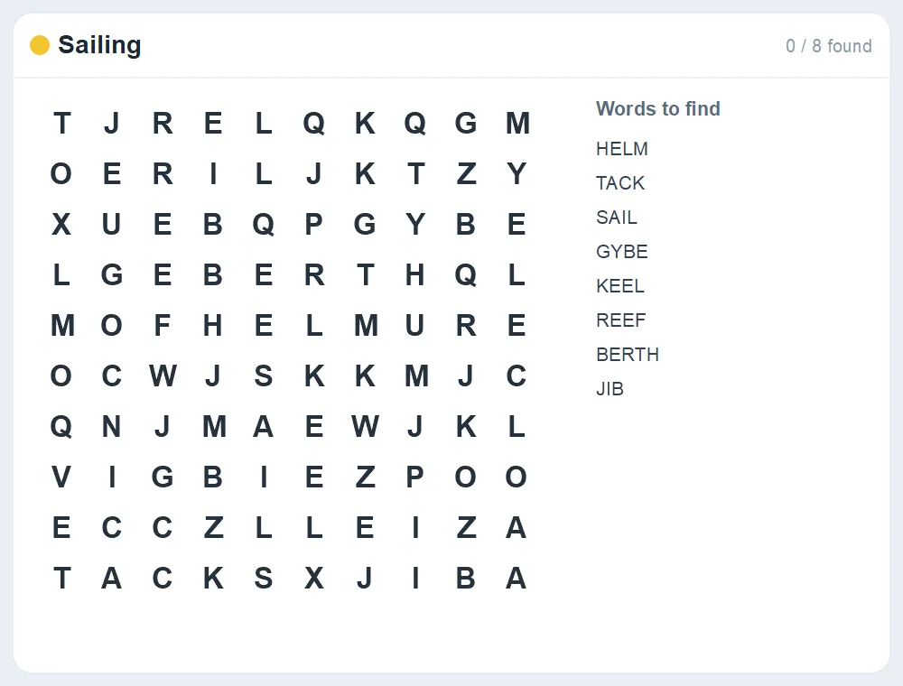 Preview of the Sailing word search puzzle