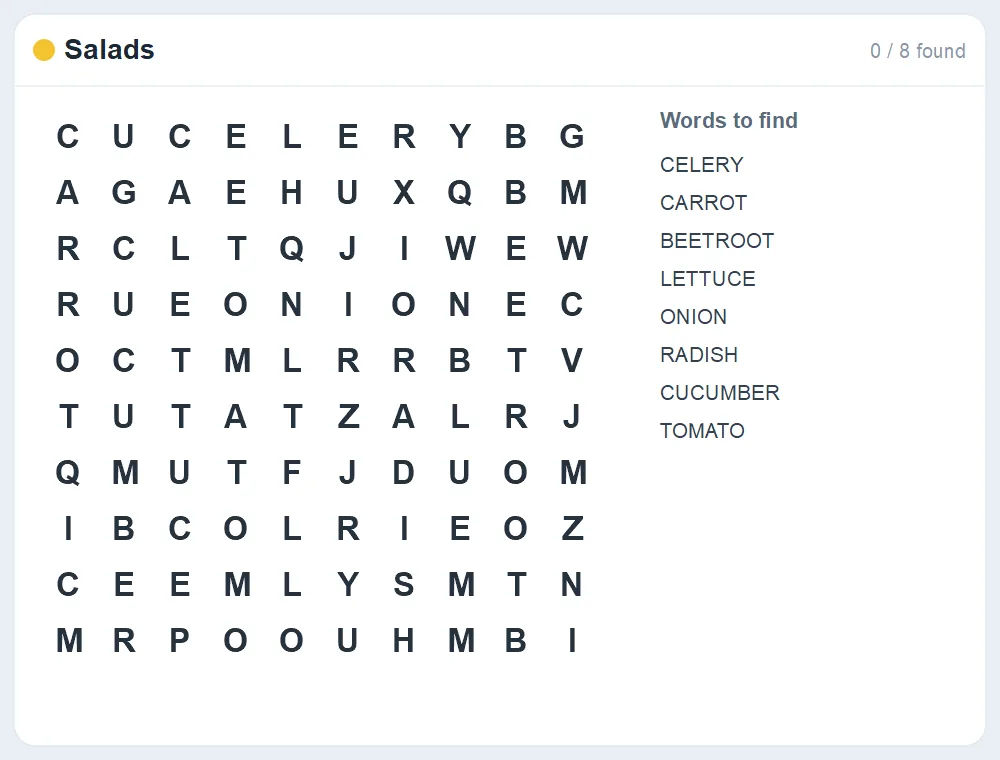 Preview of the Salads word search puzzle