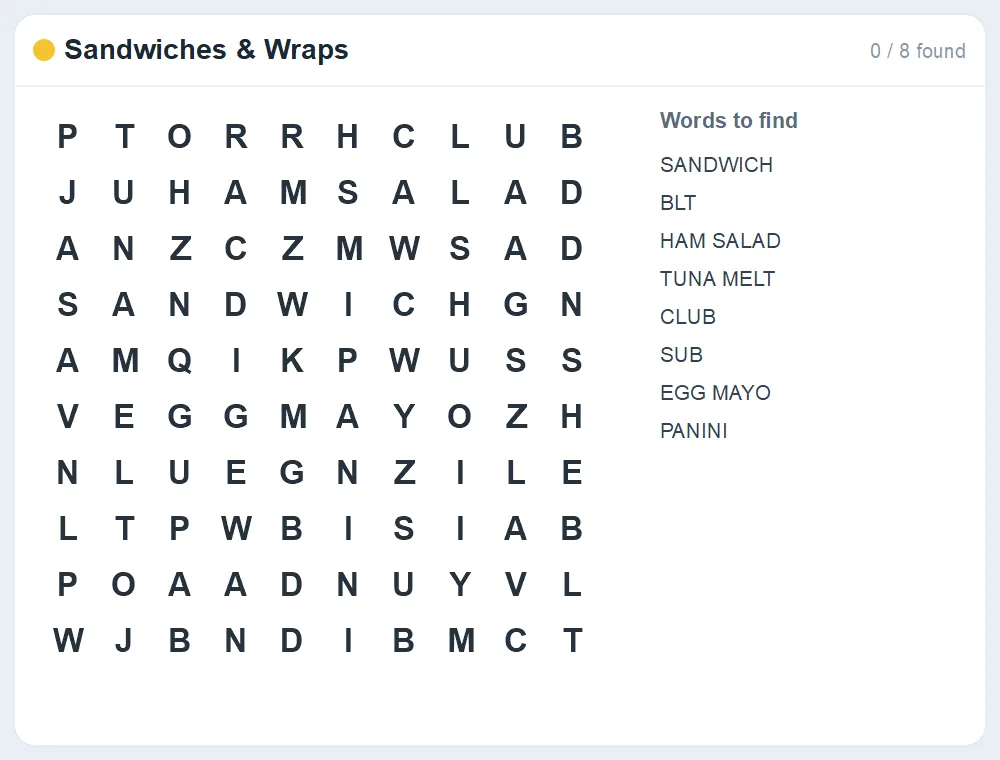 Preview of the Sandwiches & Wraps word search puzzle
