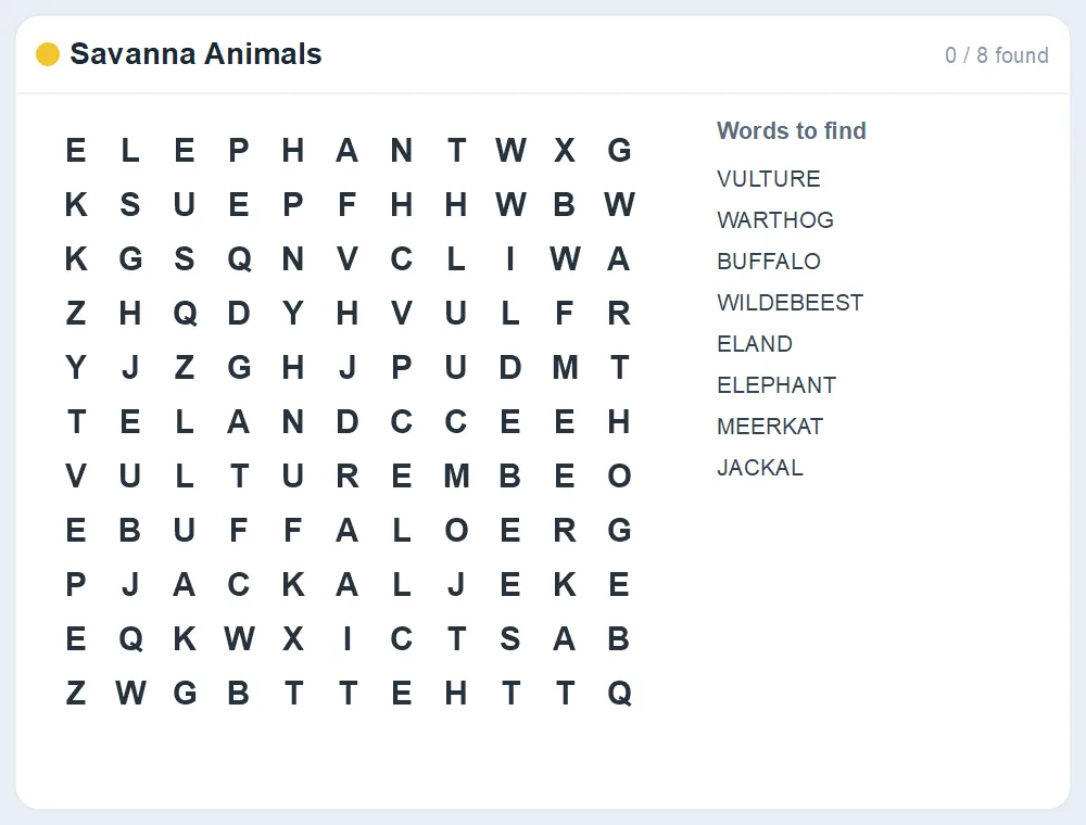 Preview of the Savanna Animals word search puzzle