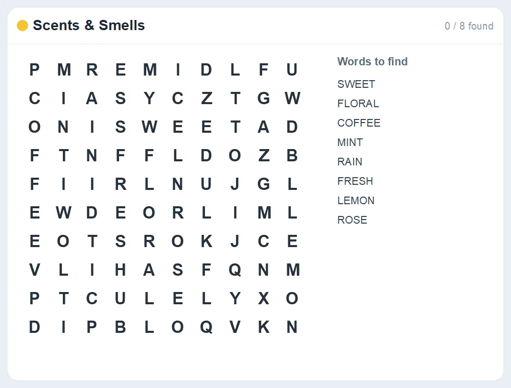 Preview of the Scents & Smells word search puzzle