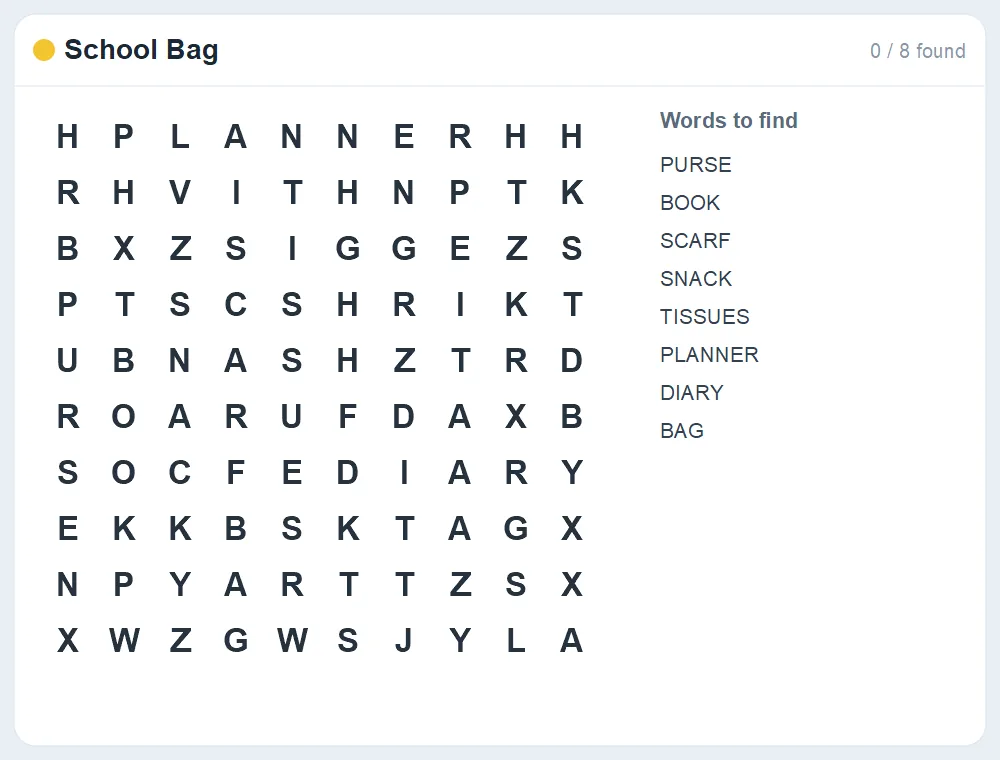 Preview of the School Bag word search puzzle