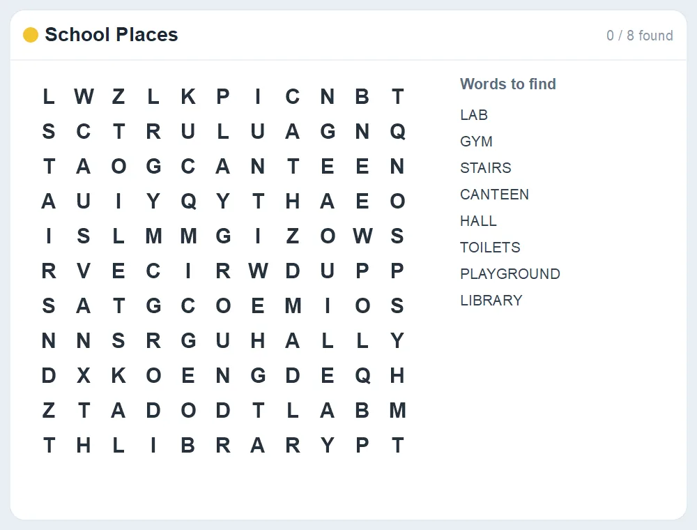 Preview of the School Places word search puzzle