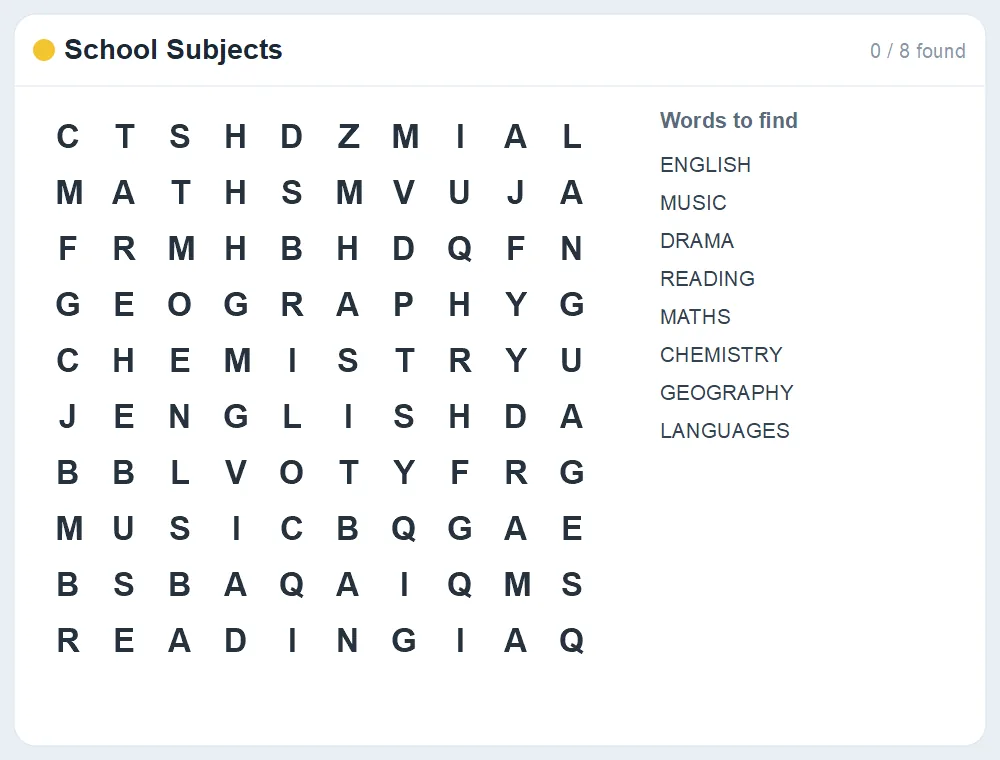 Preview of the School Subjects word search puzzle