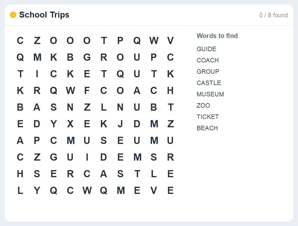 Preview of the School Trips word search puzzle