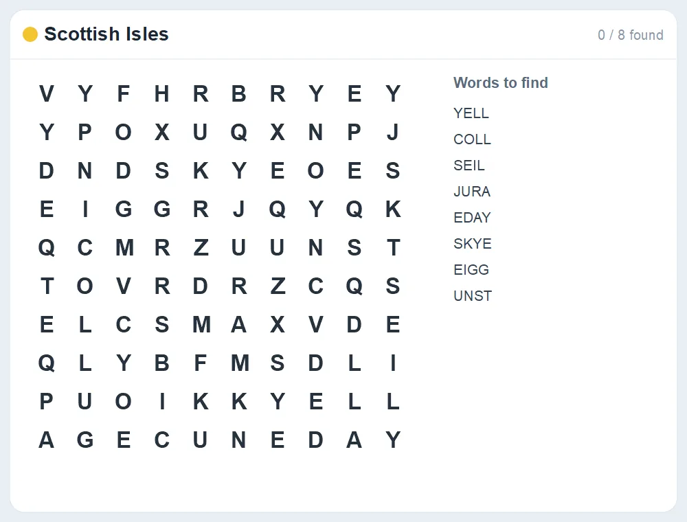 Preview of the Scottish Isles word search puzzle