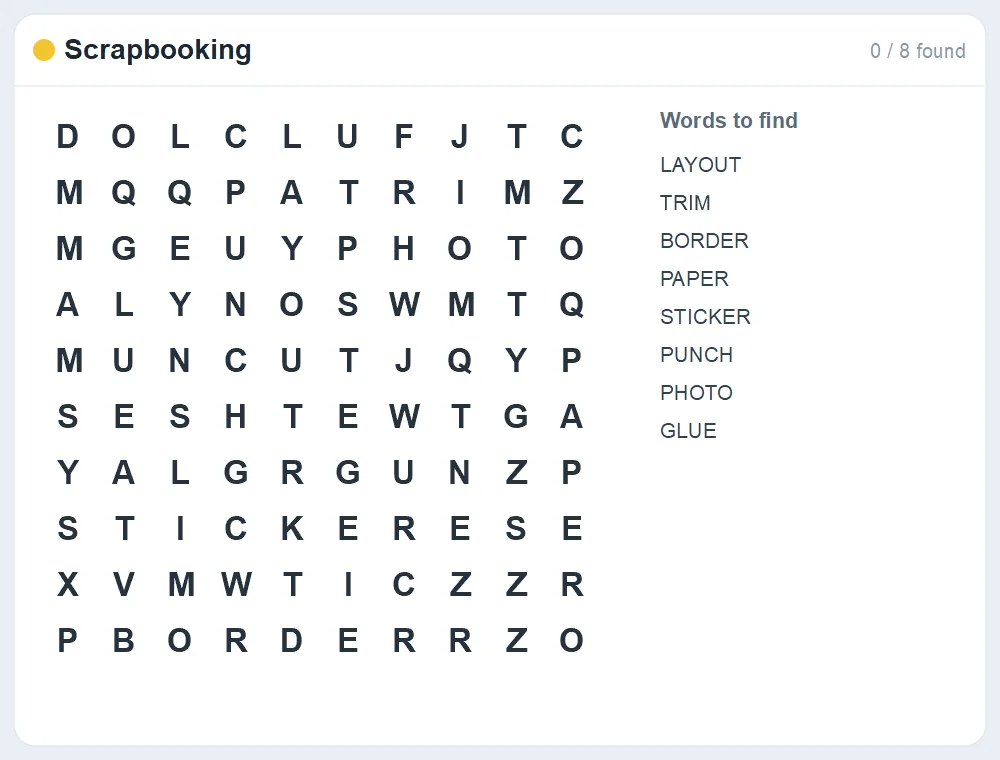 Preview of the Scrapbooking word search puzzle