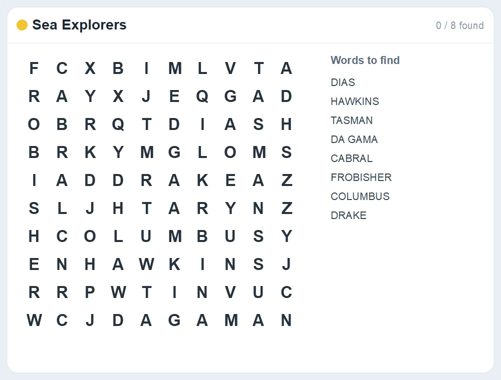 Preview of the Sea Explorers word search puzzle