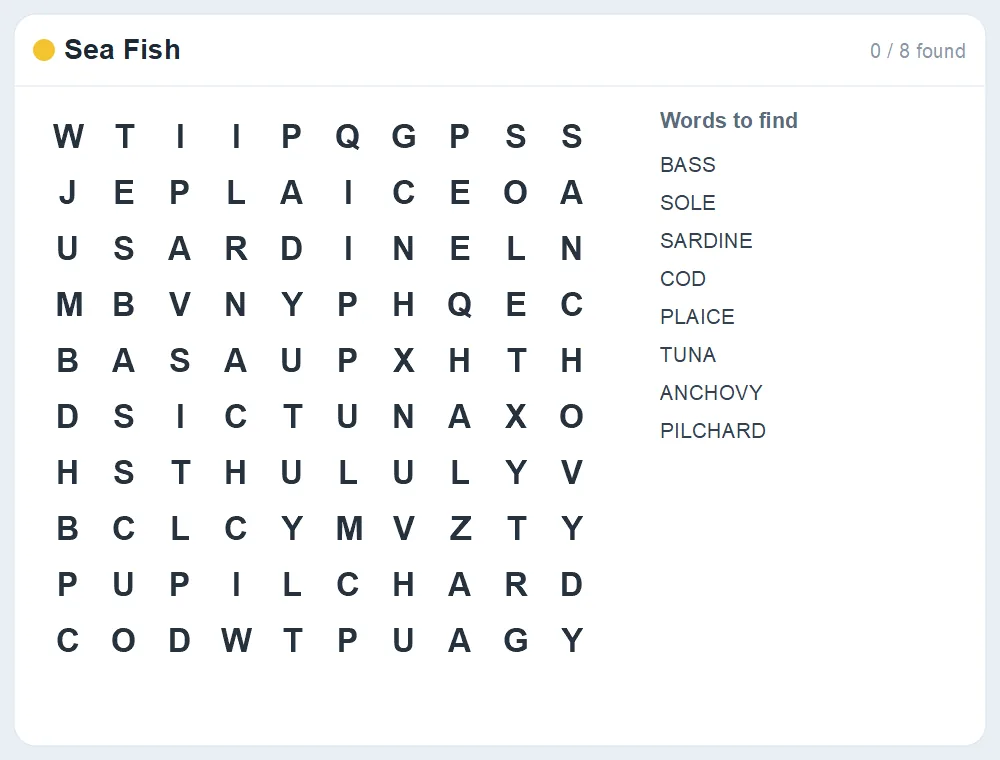 Preview of the Sea Fish word search puzzle