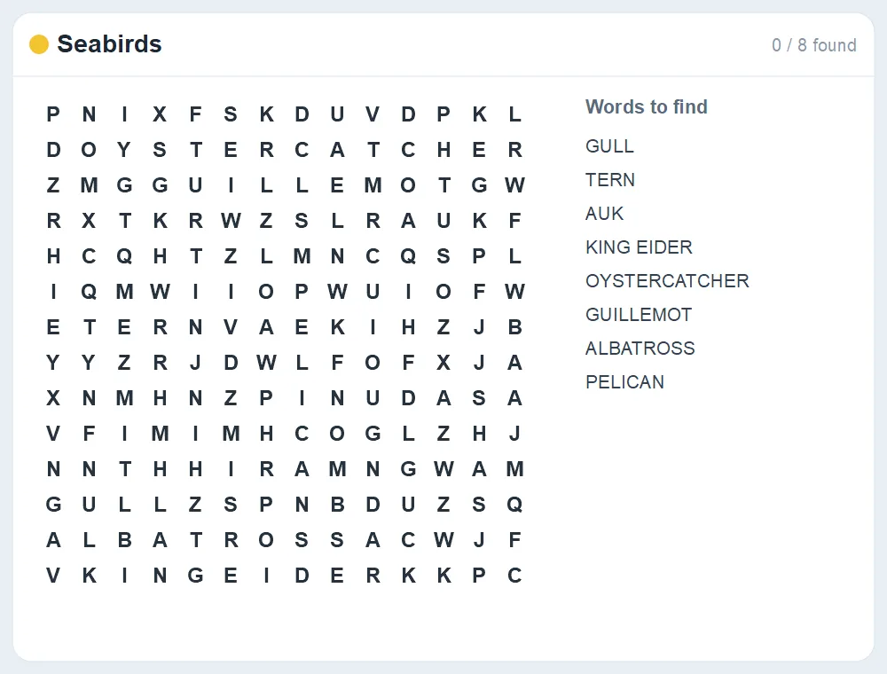 Preview of the Seabirds word search puzzle