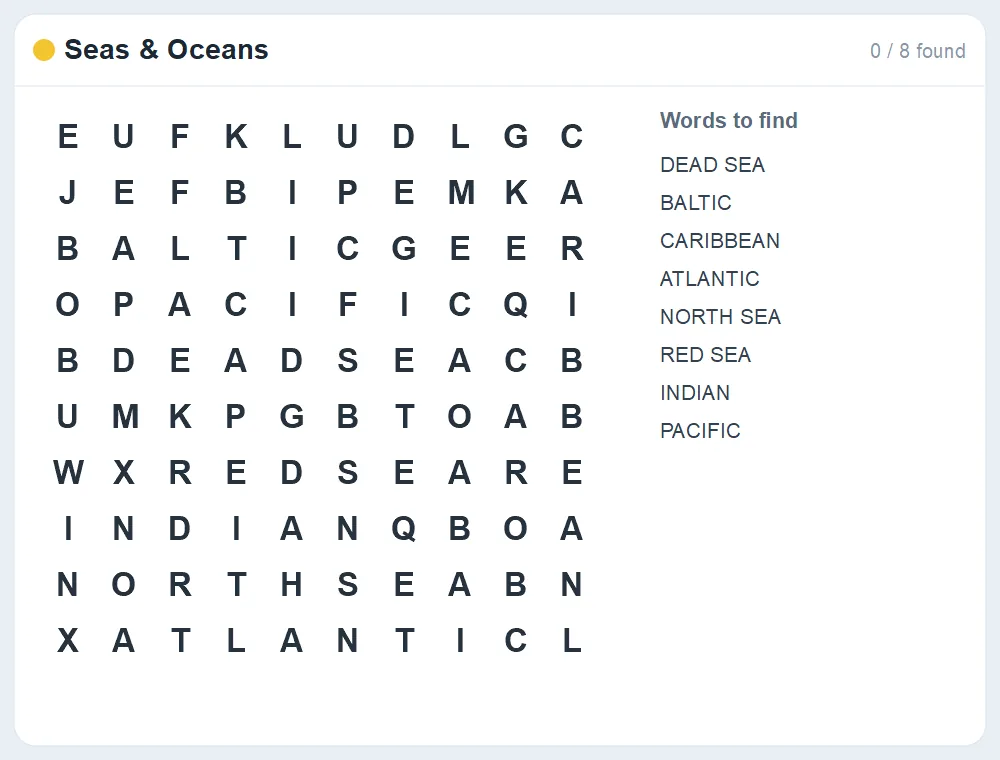 Preview of the Seas & Oceans word search puzzle