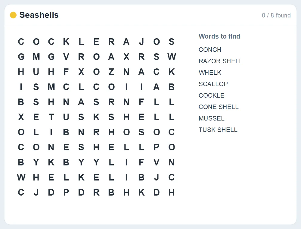 Preview of the Seashells word search puzzle