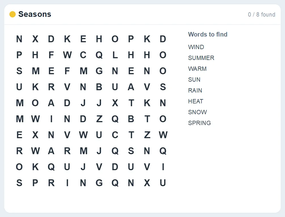 Preview of the Seasons word search puzzle