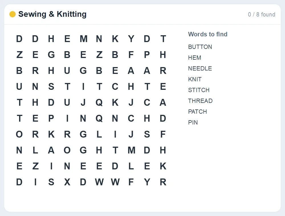 Preview of the Sewing & Knitting word search puzzle