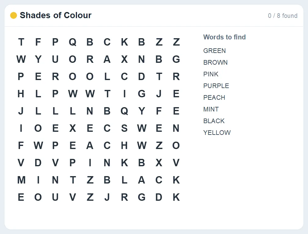 Preview of the Shades of Colour word search puzzle