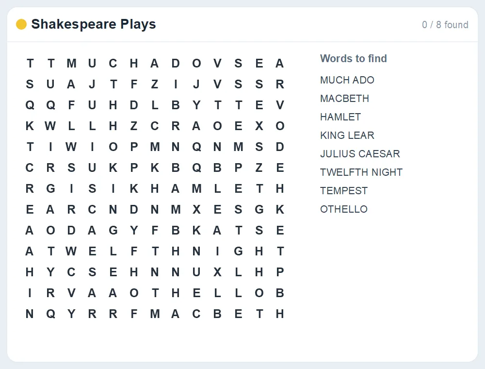 Preview of the Shakespeare Plays word search puzzle