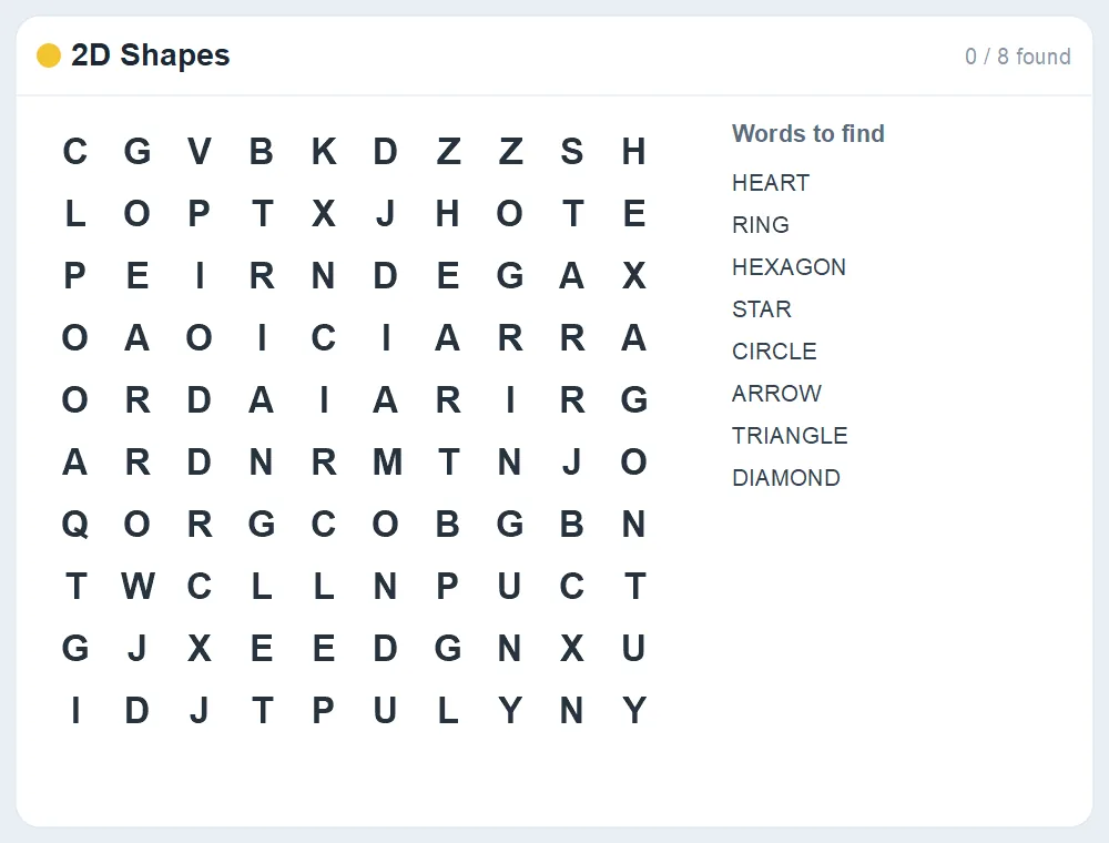 Preview of the 2D Shapes word search puzzle