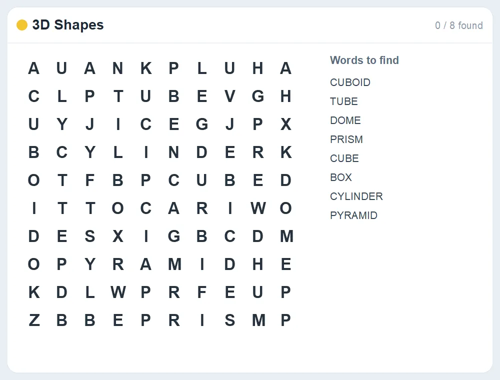 Preview of the 3D Shapes word search puzzle