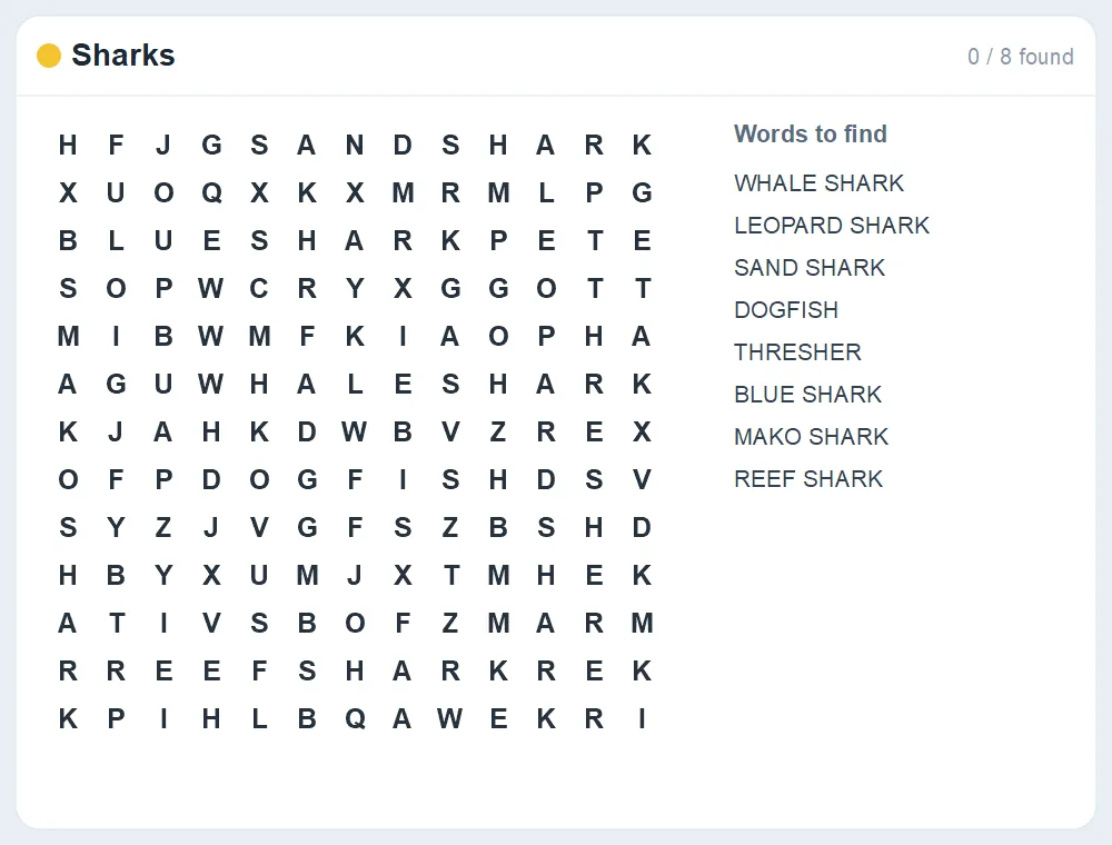 Preview of the Sharks word search puzzle
