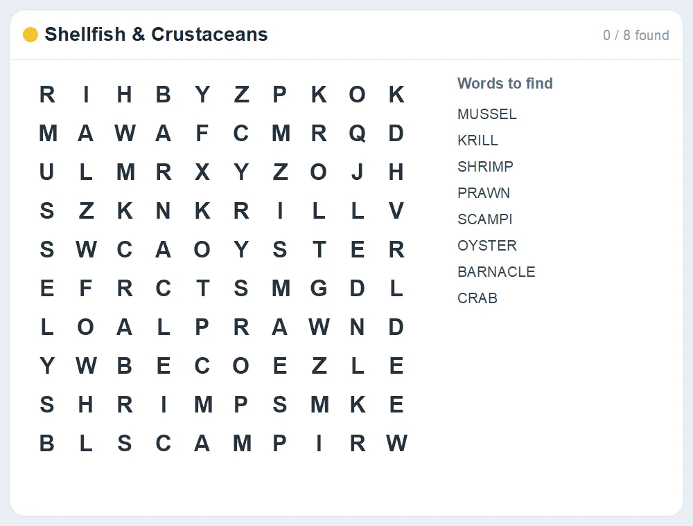 Preview of the Shellfish & Crustaceans word search puzzle