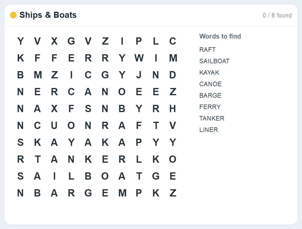 Preview of the Ships & Boats word search puzzle