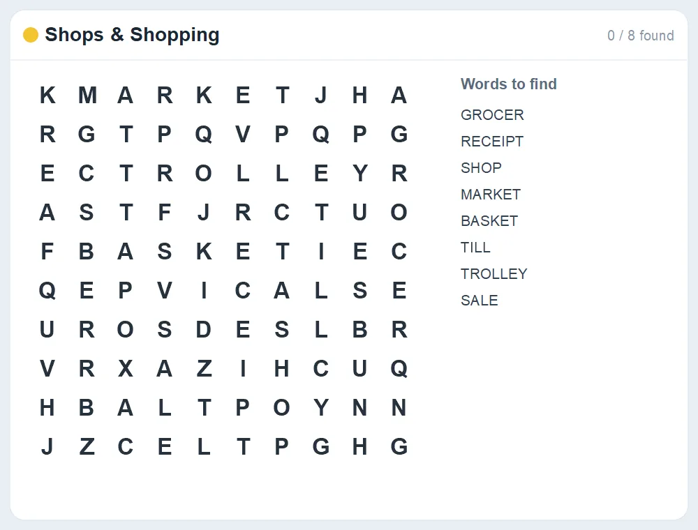 Preview of the Shops & Shopping word search puzzle