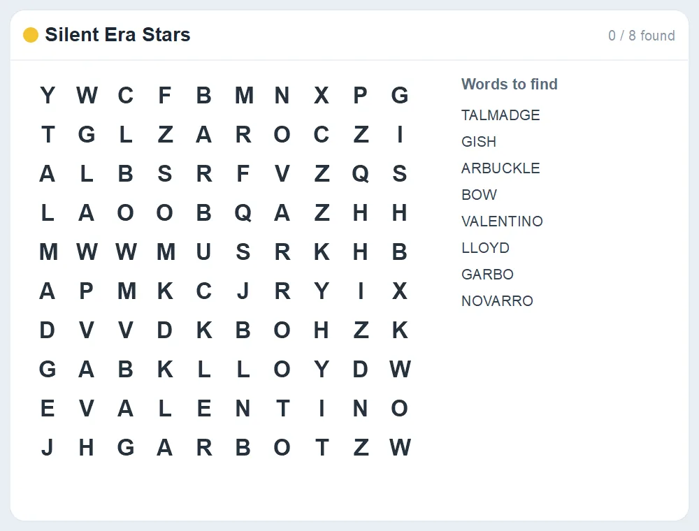 Preview of the Silent Era Stars word search puzzle