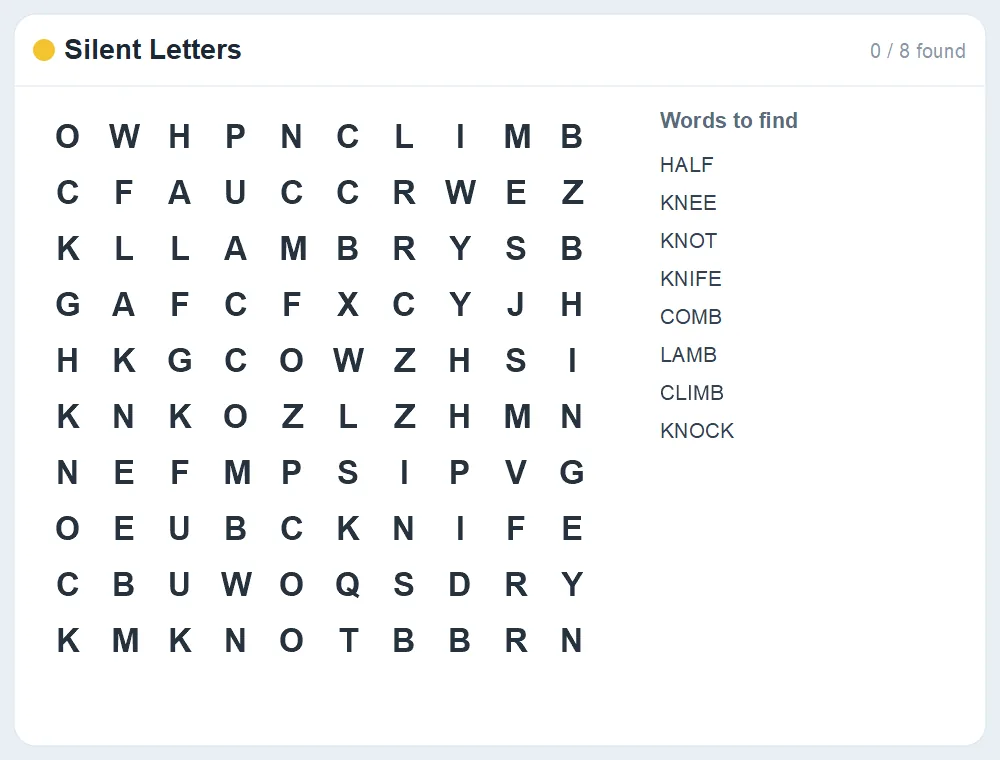 Preview of the Silent Letters word search puzzle