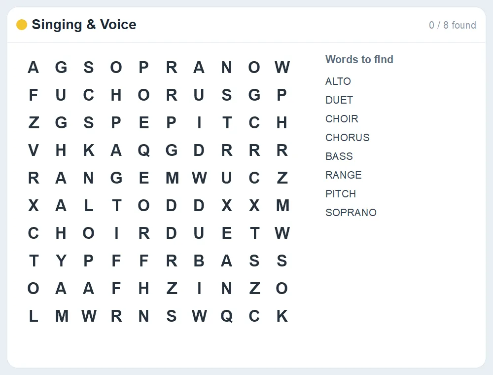Preview of the Singing & Voice word search puzzle