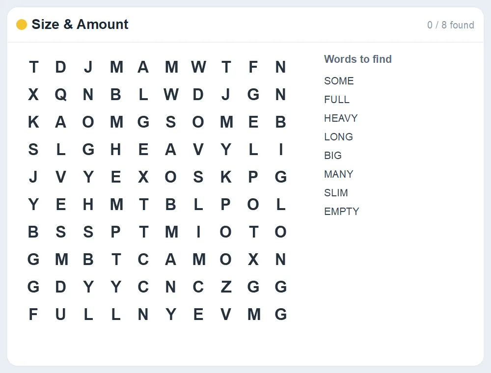 Preview of the Size & Amount word search puzzle