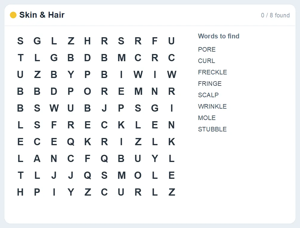 Preview of the Skin & Hair word search puzzle