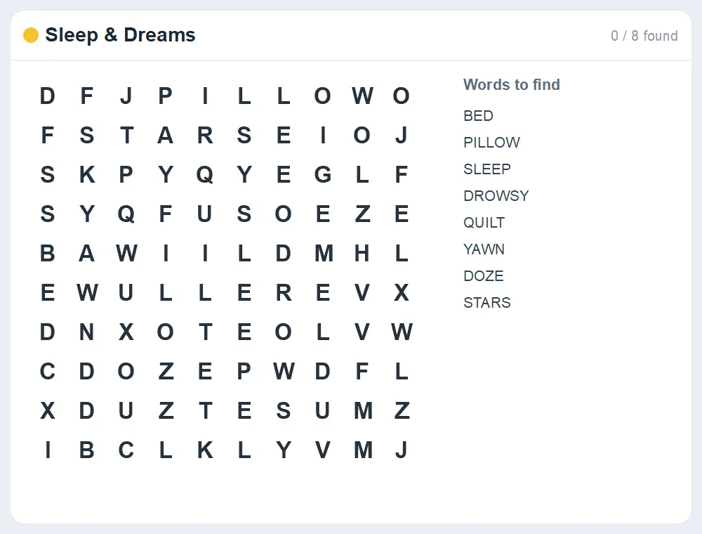 Preview of the Sleep & Dreams word search puzzle