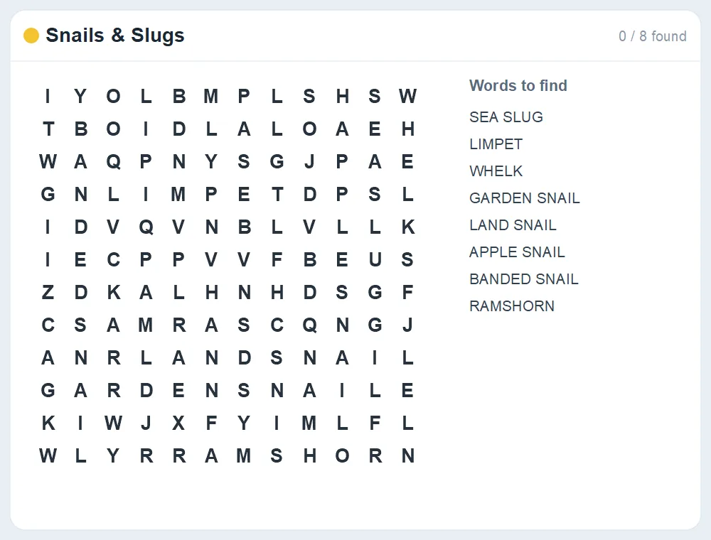 Preview of the Snails & Slugs word search puzzle