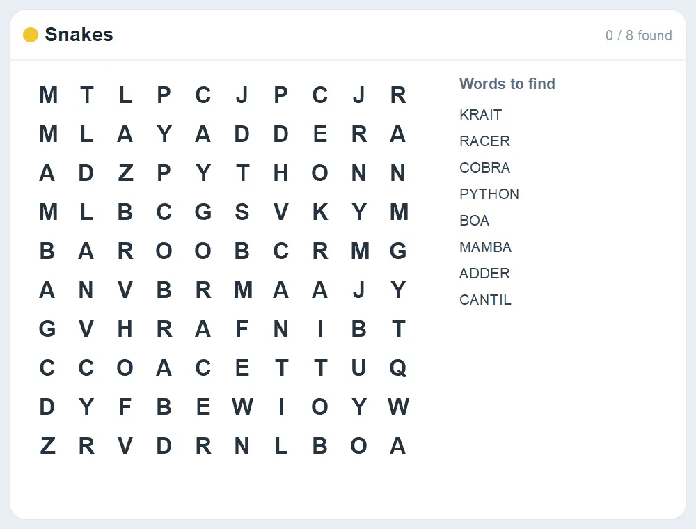 Preview of the Snakes word search puzzle