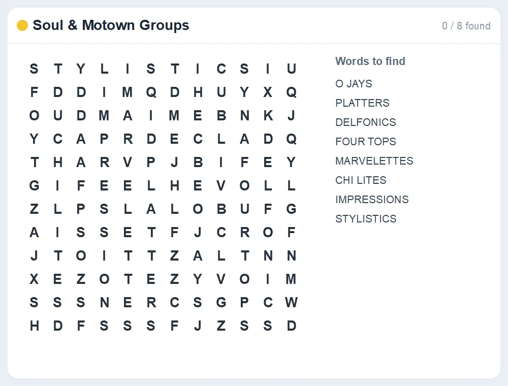 Preview of the Soul & Motown Groups word search puzzle