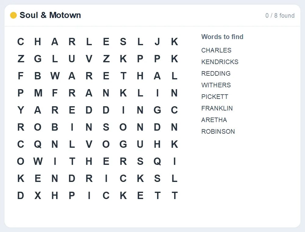 Preview of the Soul & Motown word search puzzle