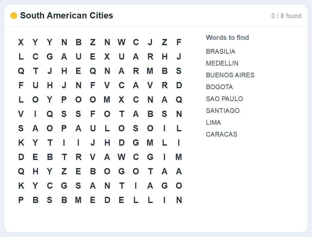 Preview of the South American Cities word search puzzle