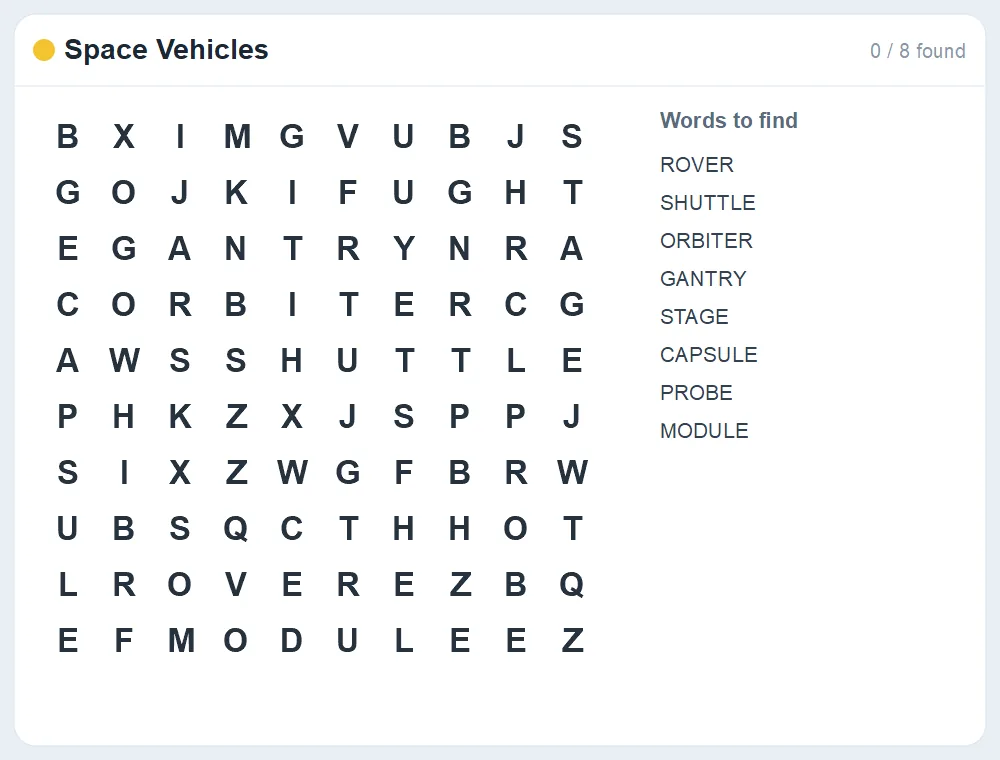 Preview of the Space Vehicles word search puzzle