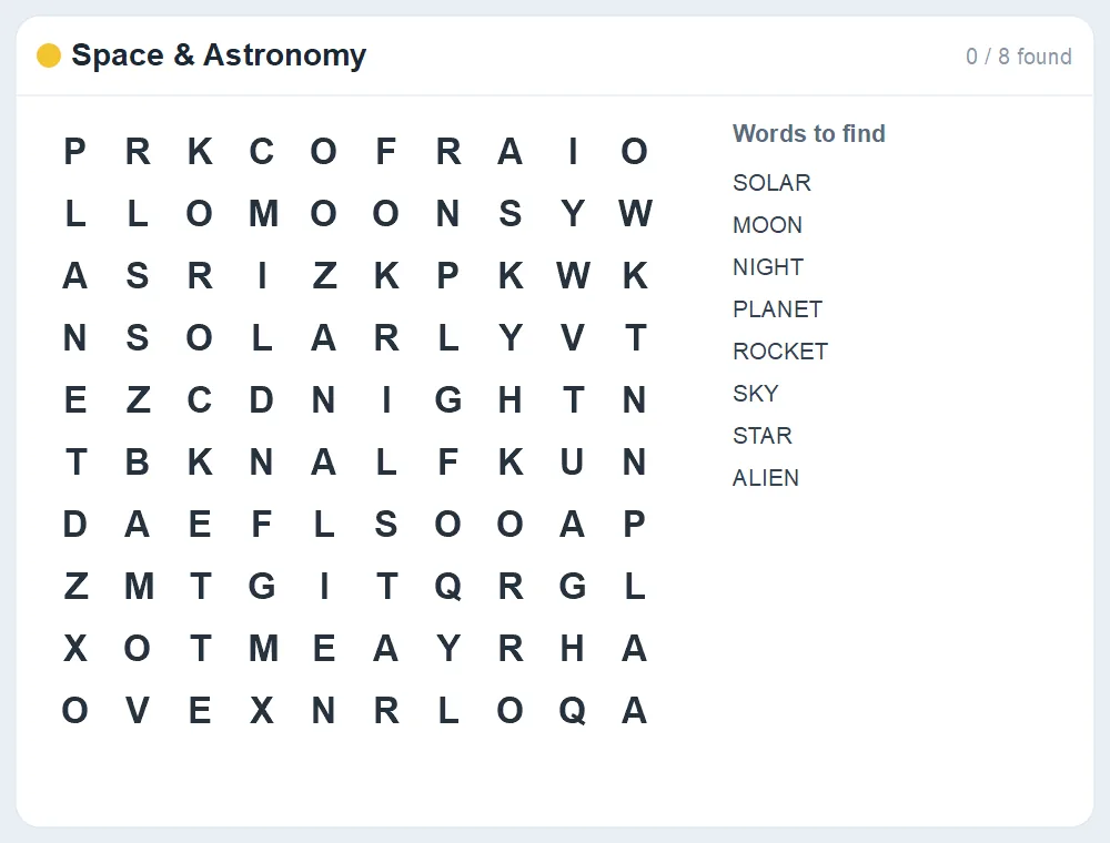 Preview of the Space & Astronomy word search puzzle