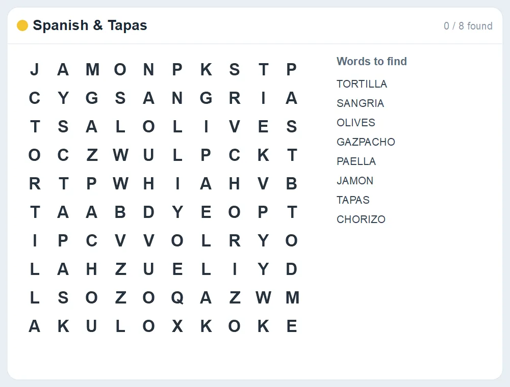 Preview of the Spanish & Tapas word search puzzle