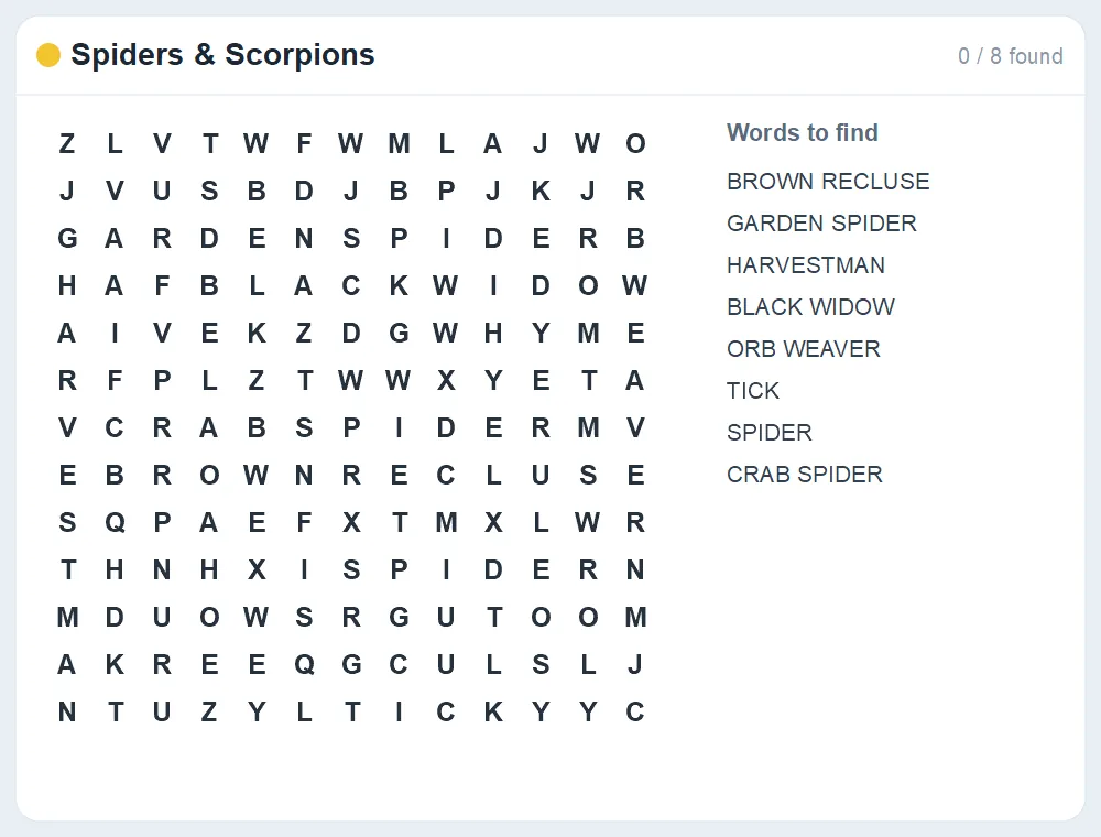 Preview of the Spiders & Scorpions word search puzzle
