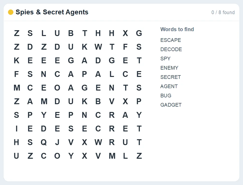 Preview of the Spies & Secret Agents word search puzzle