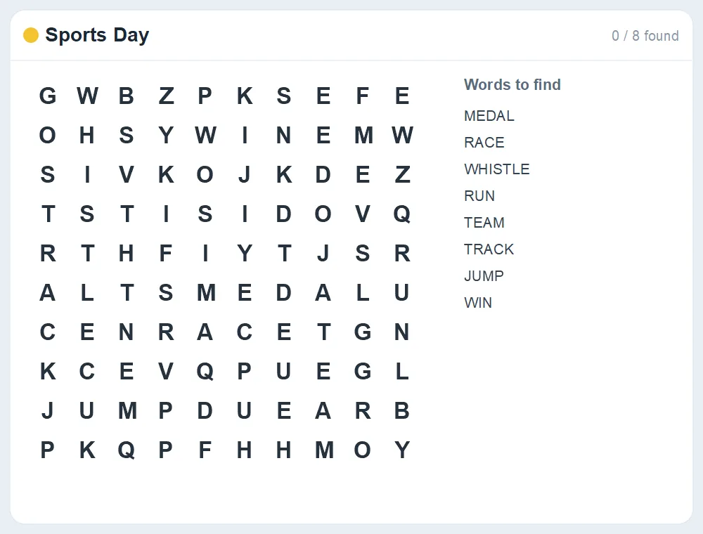 Preview of the Sports Day word search puzzle