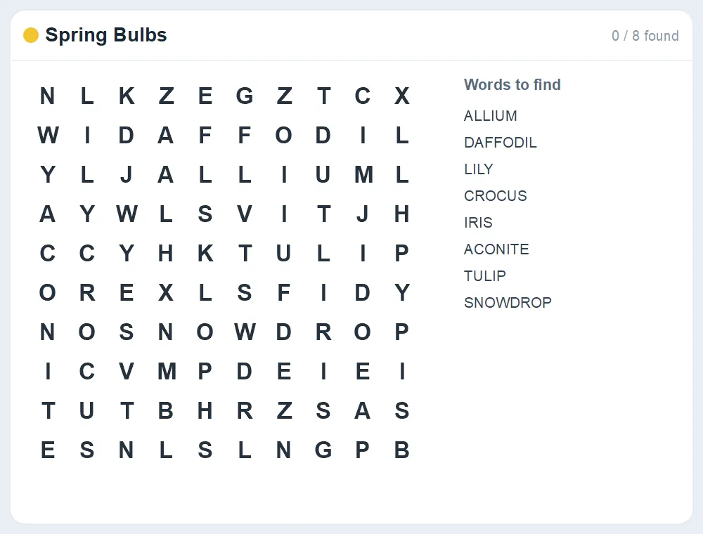 Preview of the Spring Bulbs word search puzzle