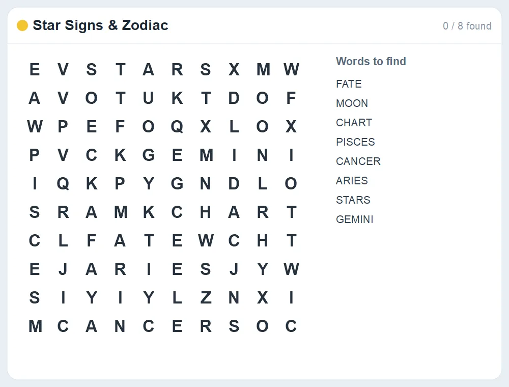 Preview of the Star Signs & Zodiac word search puzzle